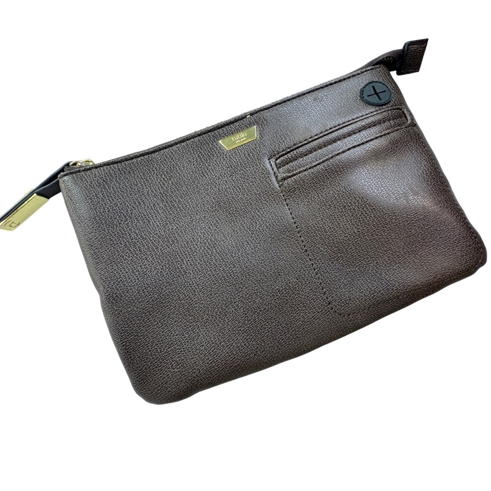 Tutilo New York Tech Clutch Espresso Brown Pebbled Faux Leather Cable Pouch Bag